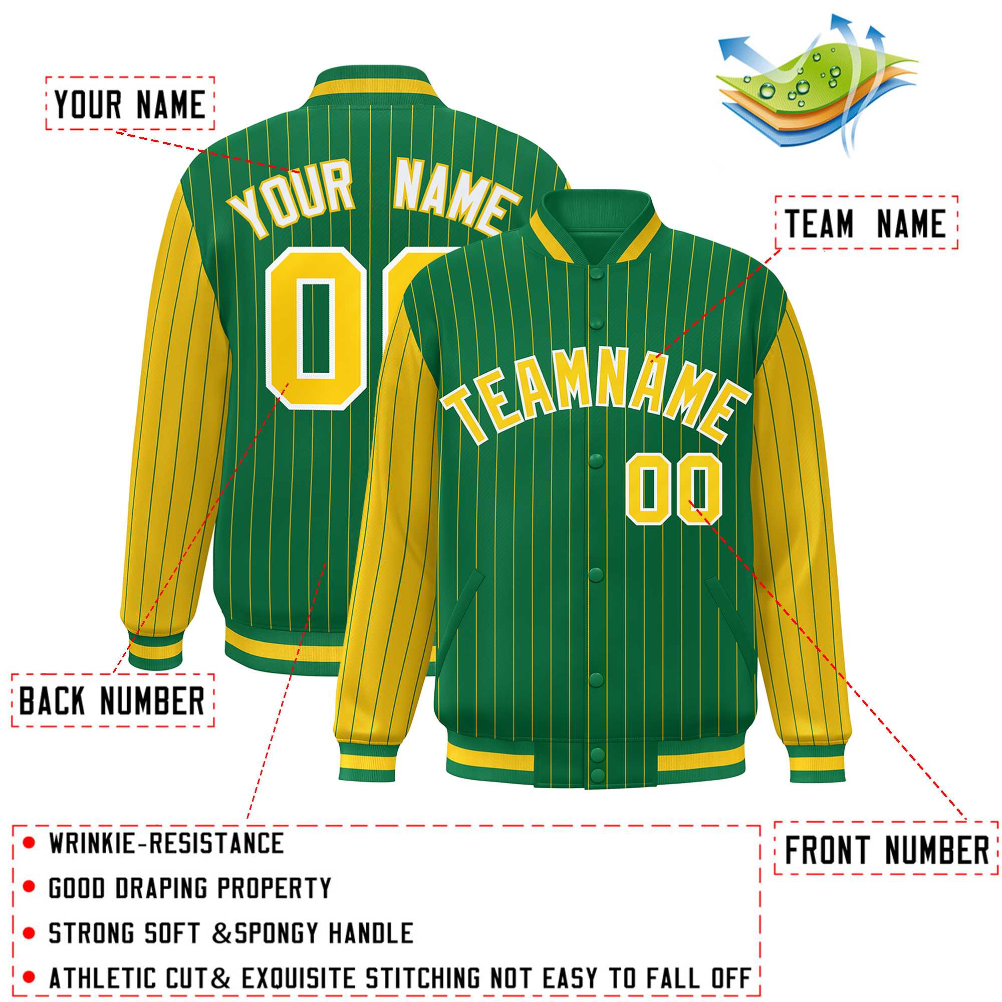 Custom Kelly Green Gold Raglan Sleeves Varsity Full-Snap Pinstripe Letterman Baseball Jacket