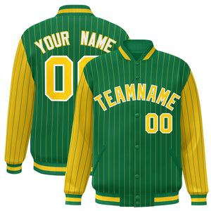 Custom Kelly Green Gold Raglan Sleeves Varsity Full-Snap Pinstripe Letterman Baseball Jacket