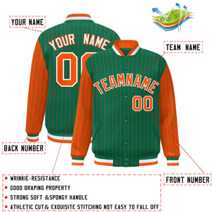 Custom Kelly Green Orange Raglan Sleeves Varsity Full-Snap Pinstripe Letterman Baseball Jacket