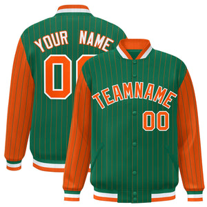 Custom Kelly Green Orange Raglan Sleeves Varsity Full-Snap Pinstripe Letterman Baseball Jacket