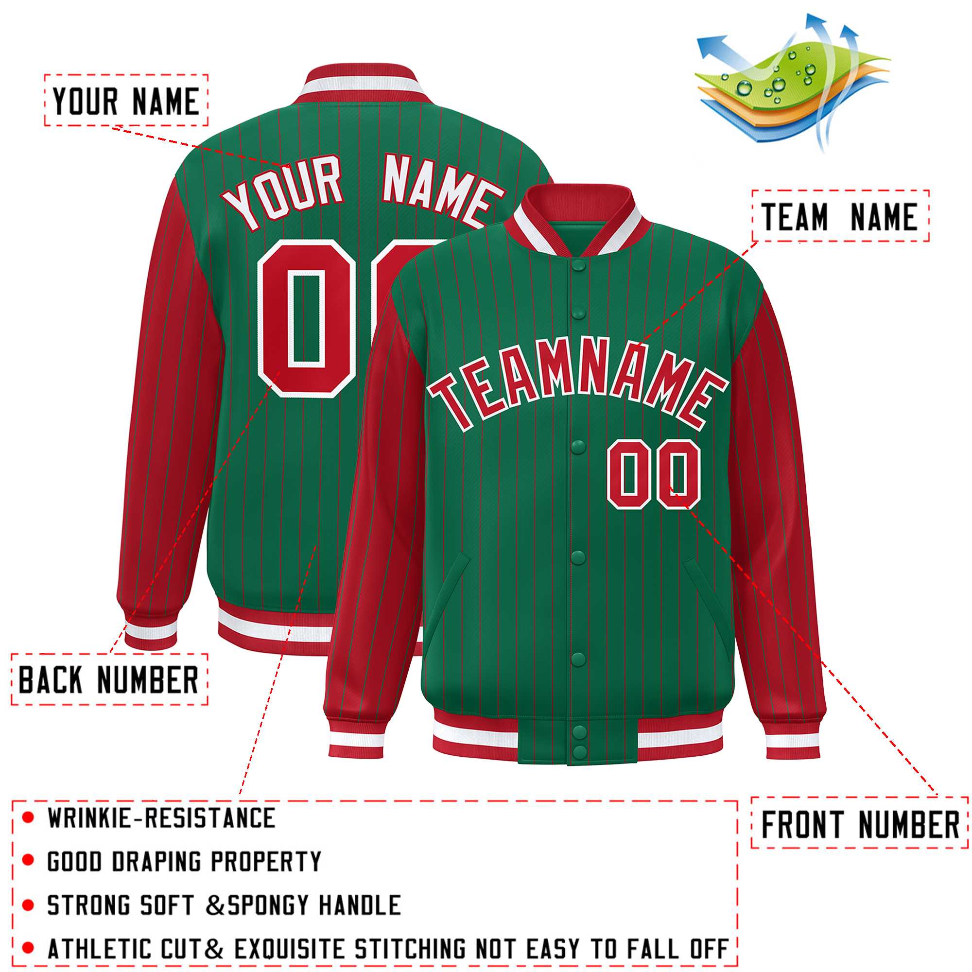 Custom Kelly Green Red Raglan Sleeves Varsity Full-Snap Pinstripe Letterman Baseball Jacket