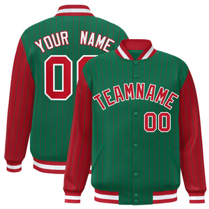 Custom Kelly Green Red Raglan Sleeves Varsity Full-Snap Pinstripe Letterman Baseball Jacket