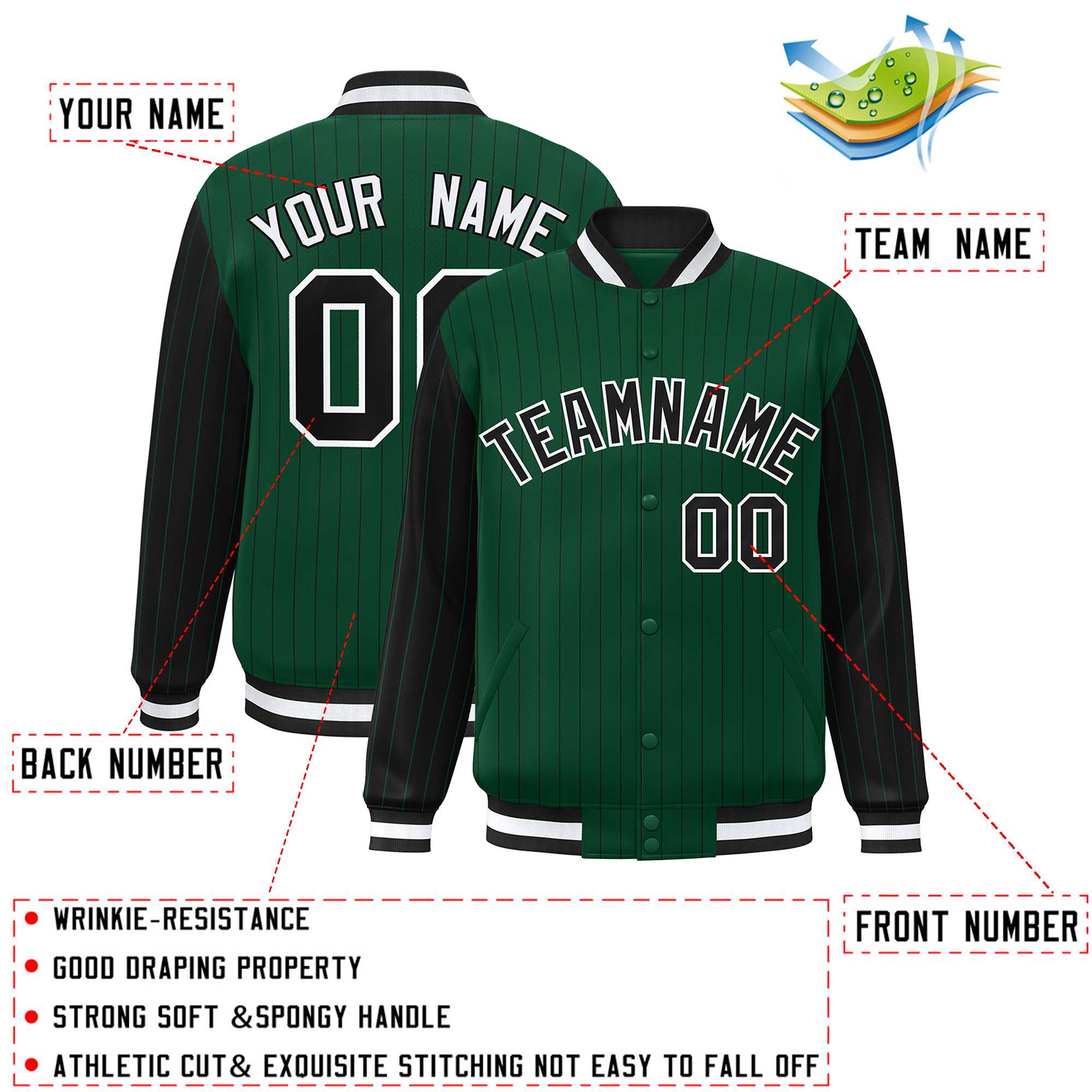 Custom Green Black Raglan Sleeves Varsity Full-Snap Pinstripe Letterman Baseball Jacket