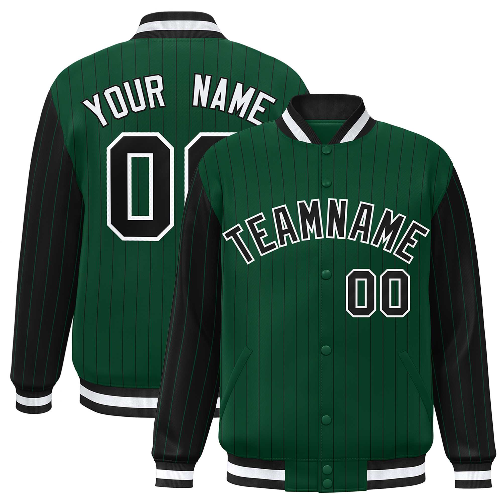 Custom Green Black Raglan Sleeves Varsity Full-Snap Pinstripe Letterman Baseball Jacket