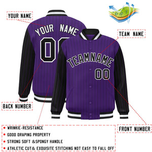 Custom Purple Black Raglan Sleeves Varsity Full-Snap Pinstripe Letterman Baseball Jacket