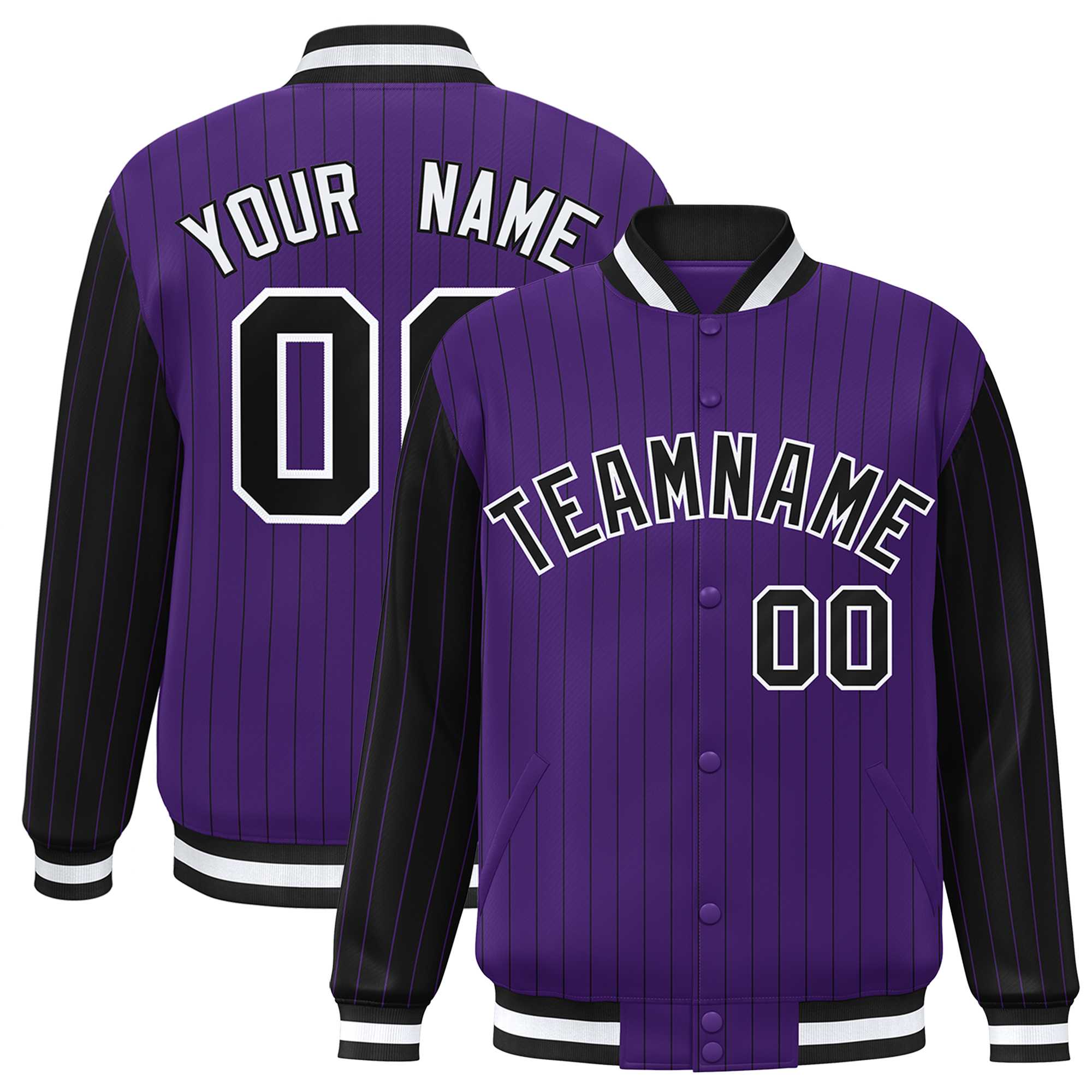 Custom Purple Black Raglan Sleeves Varsity Full-Snap Pinstripe Letterman Baseball Jacket