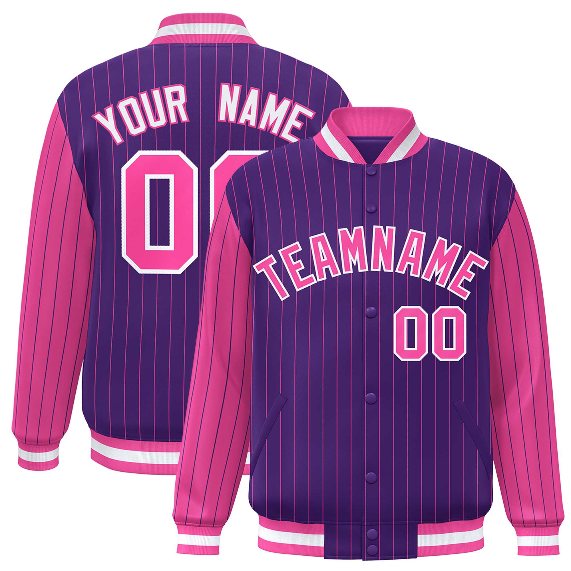 Custom Purple Pink Raglan Sleeves Varsity Full-Snap Pinstripe Letterman Baseball Jacket