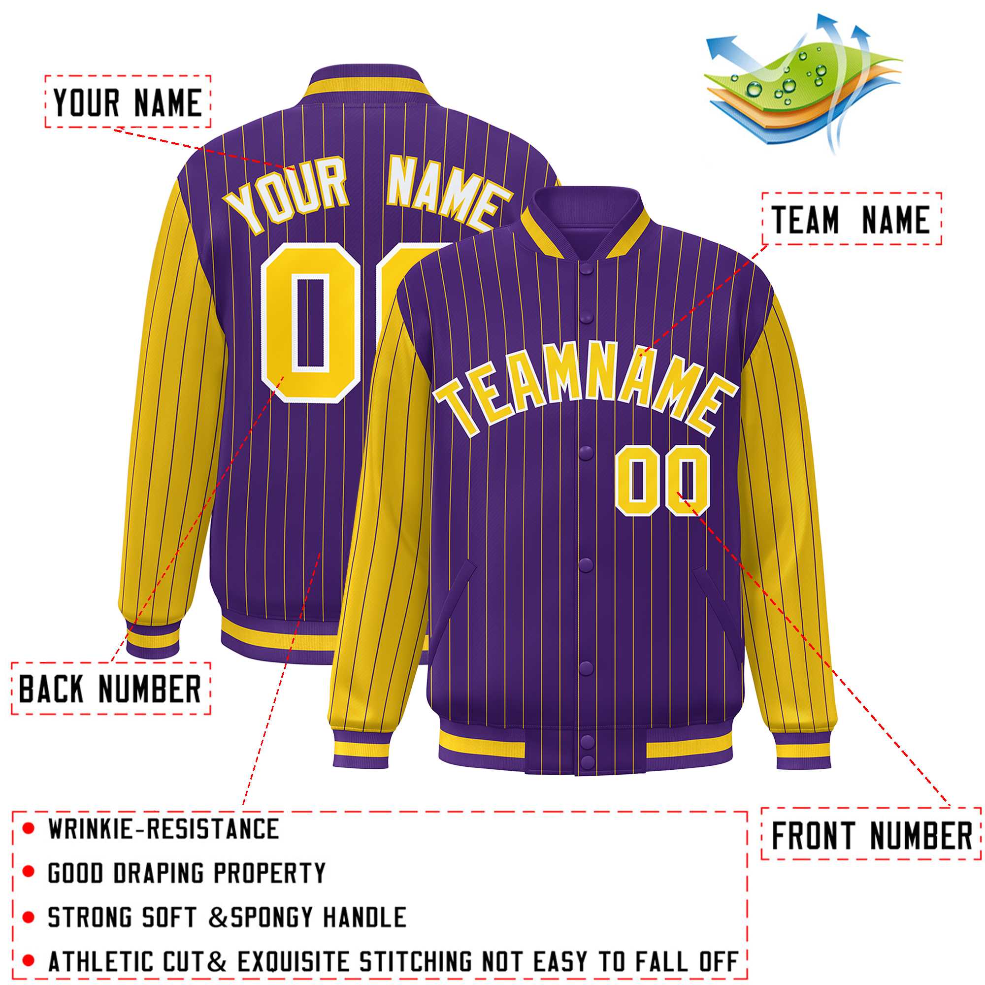 Custom Purple Gold Raglan Sleeves Varsity Full-Snap Pinstripe Letterman Baseball Jacket