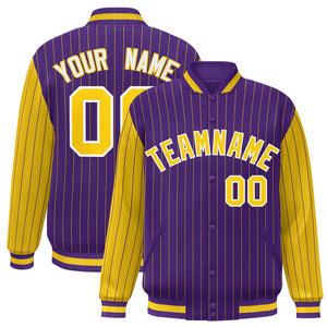 Custom Purple Gold Raglan Sleeves Varsity Full-Snap Pinstripe Letterman Baseball Jacket