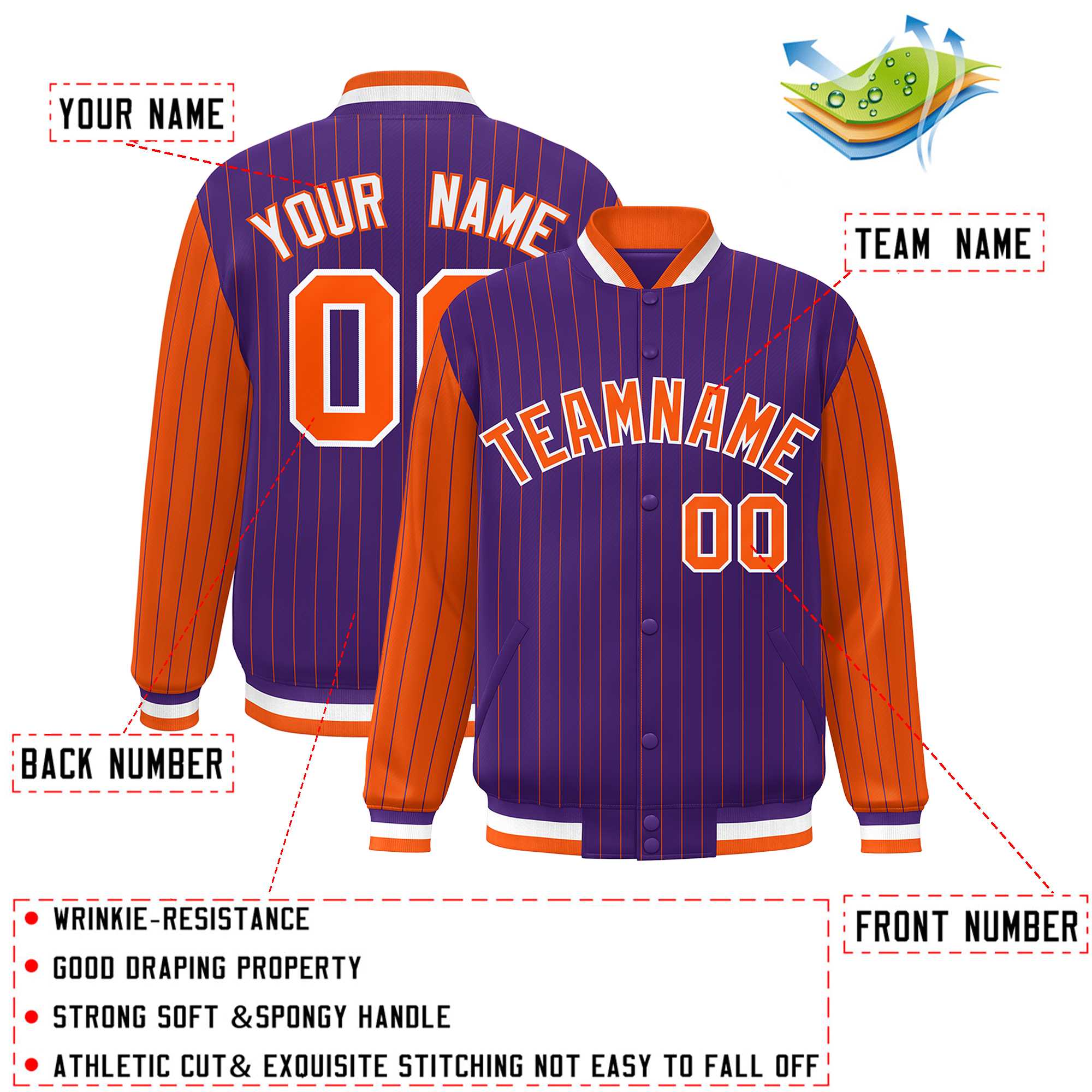 Custom Purple Orange Raglan Sleeves Varsity Full-Snap Pinstripe Letterman Baseball Jacket