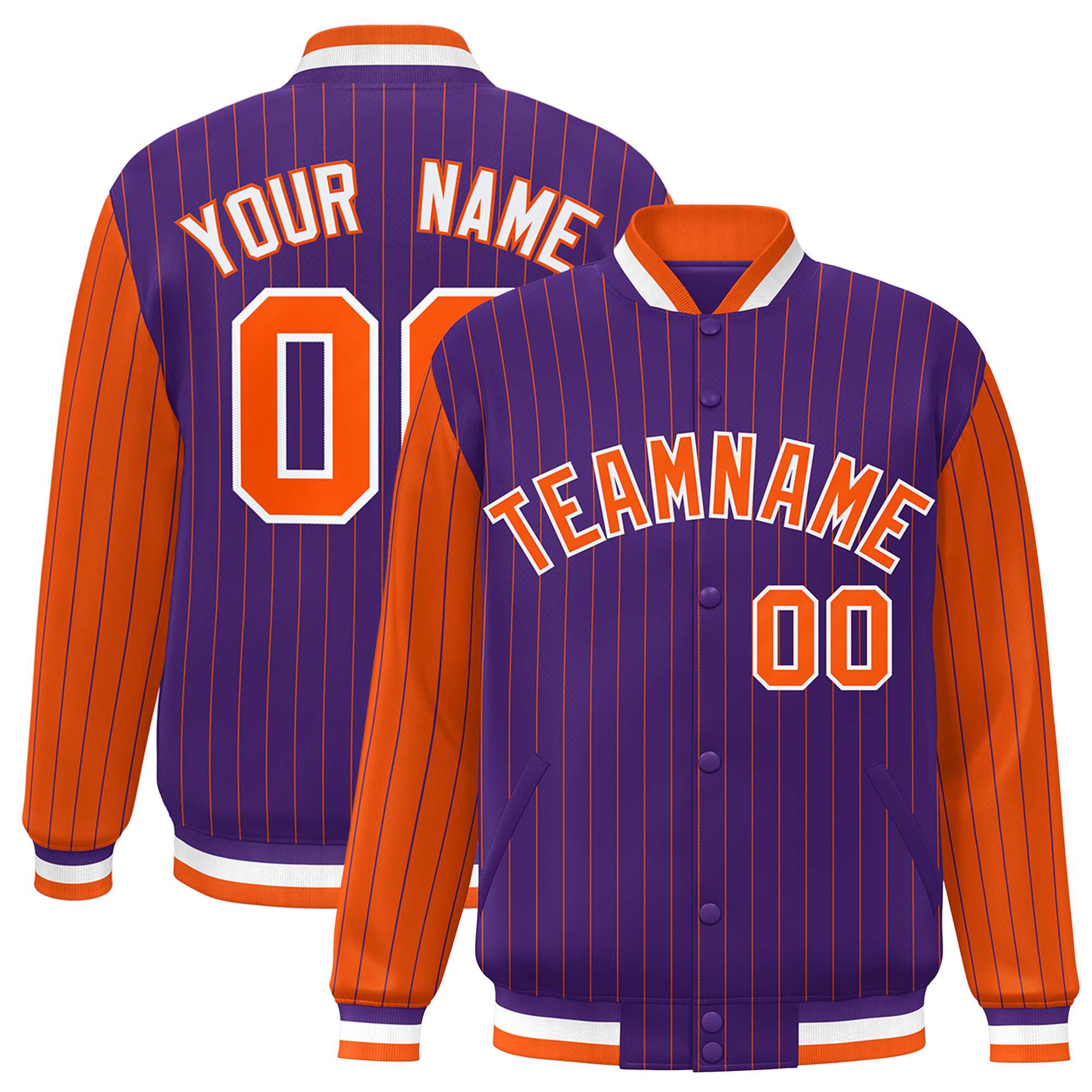 Custom Purple Orange Raglan Sleeves Varsity Full-Snap Pinstripe Letterman Baseball Jacket