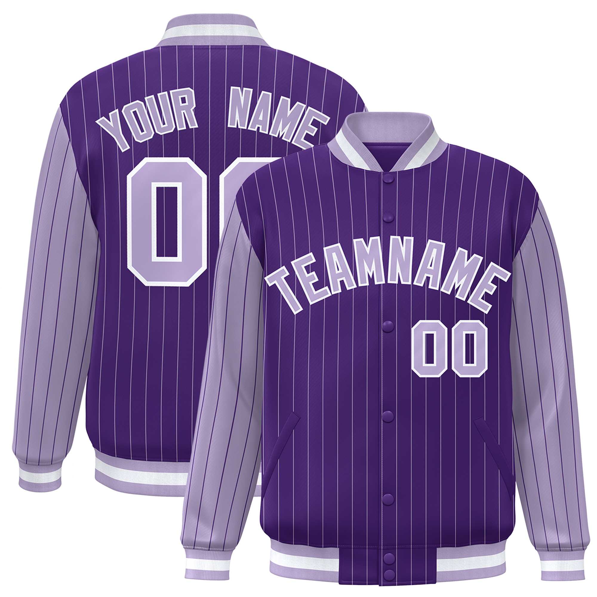 Custom Purple Light Purple Raglan Sleeves Varsity Full-Snap Pinstripe Letterman Baseball Jacket