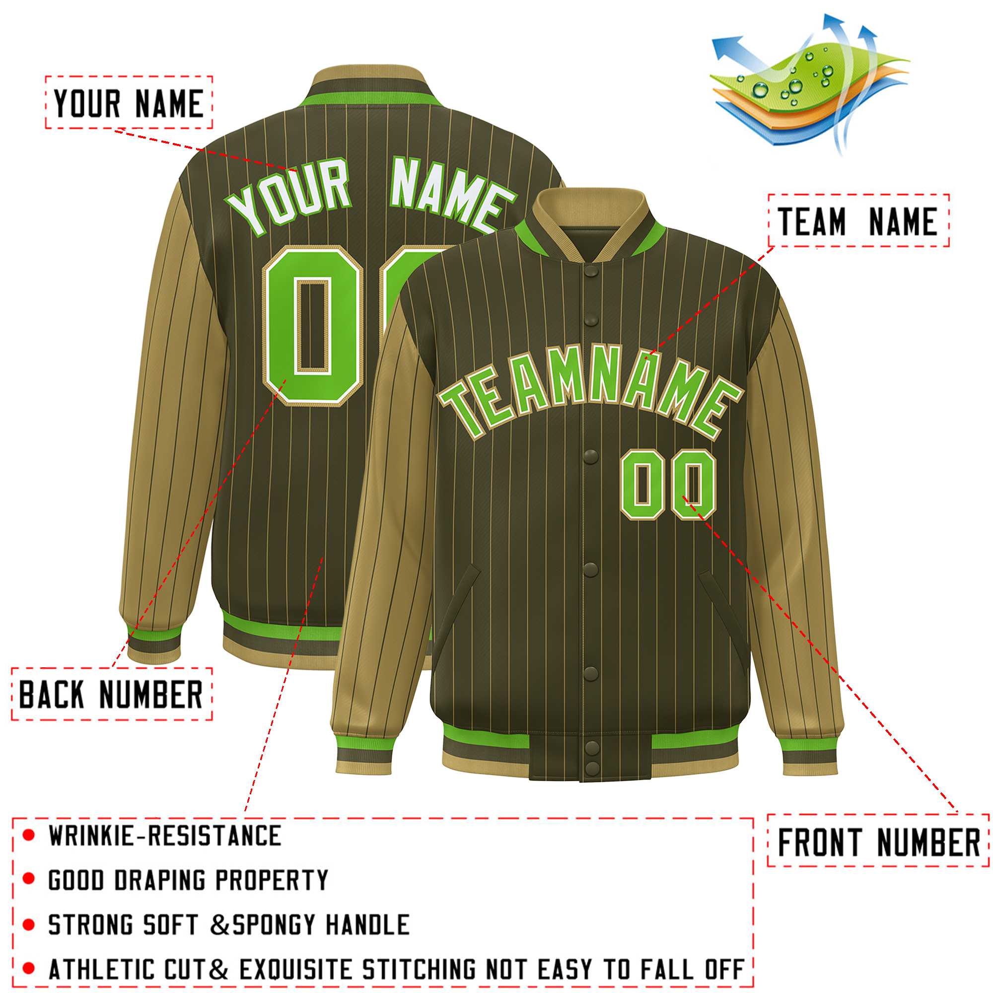 Custom Green Desert Yellow Raglan Sleeves Varsity Full-Snap Pinstripe Letterman Baseball Jacket