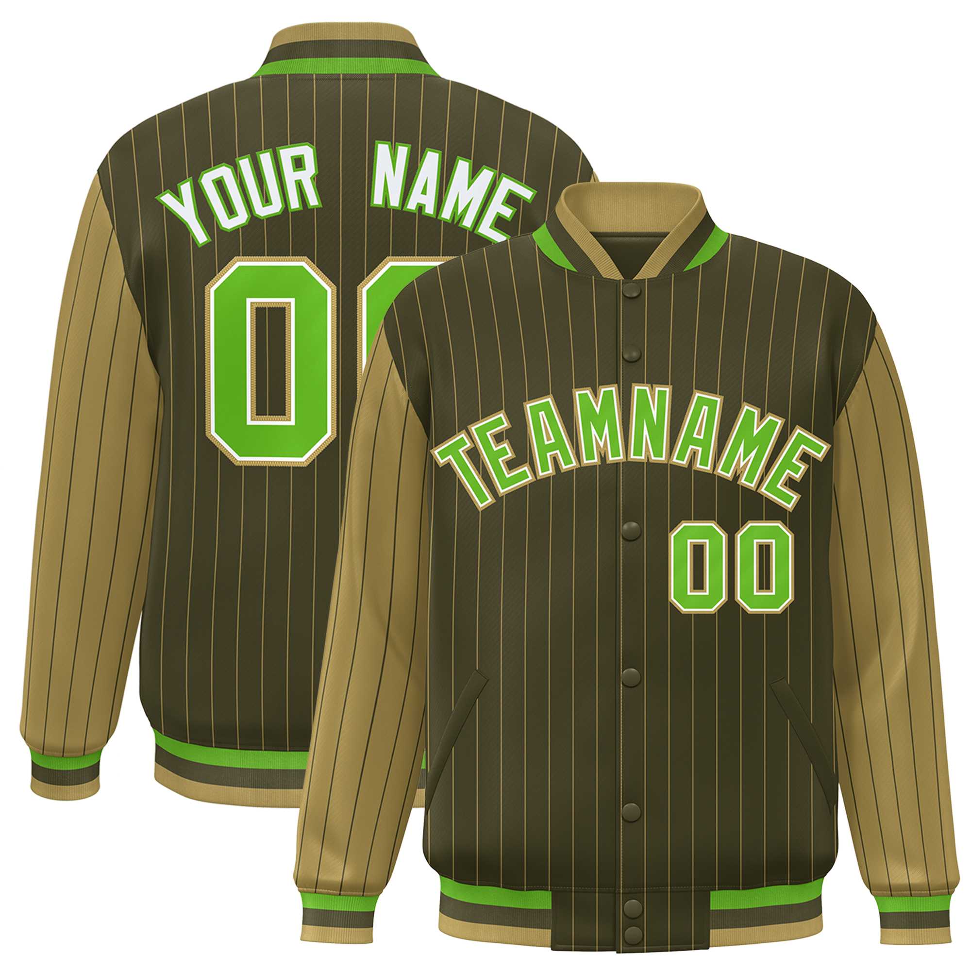 Custom Green Desert Yellow Raglan Sleeves Varsity Full-Snap Pinstripe Letterman Baseball Jacket