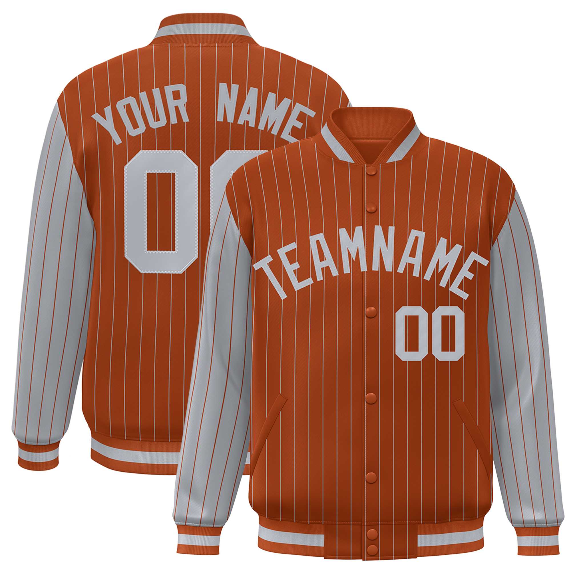 Custom Texas Orange Gray Raglan Sleeves Varsity Full-Snap Pinstripe Letterman Baseball Jacket