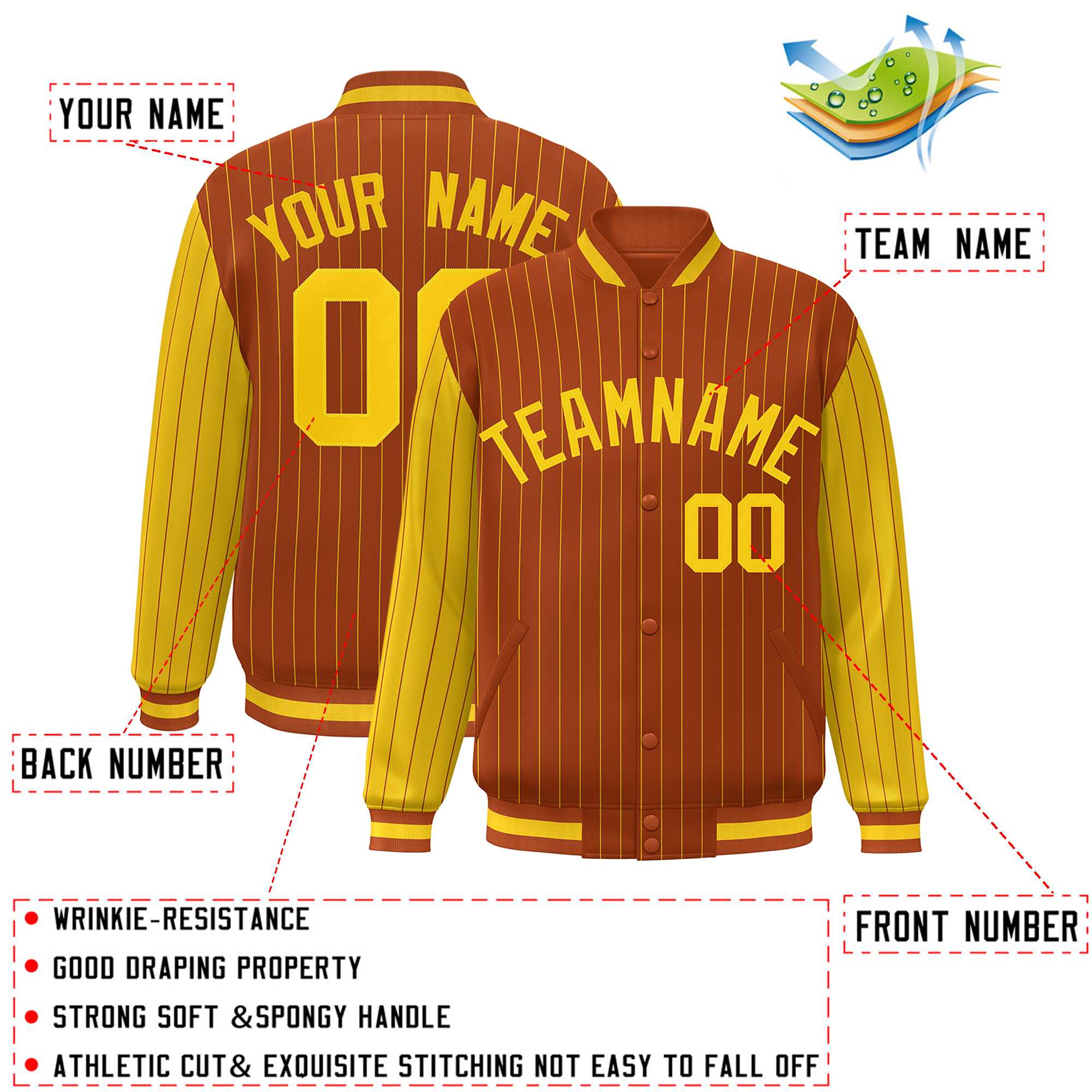 Custom Texas Orange Gold Raglan Sleeves Varsity Full-Snap Pinstripe Letterman Baseball Jacket