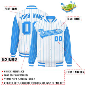 Custom White Powder Blue Raglan Sleeves Varsity Full-Snap Pinstripe Letterman Baseball Jacket