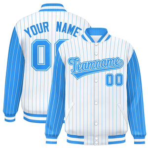 Custom White Powder Blue Raglan Sleeves Varsity Full-Snap Pinstripe Letterman Baseball Jacket