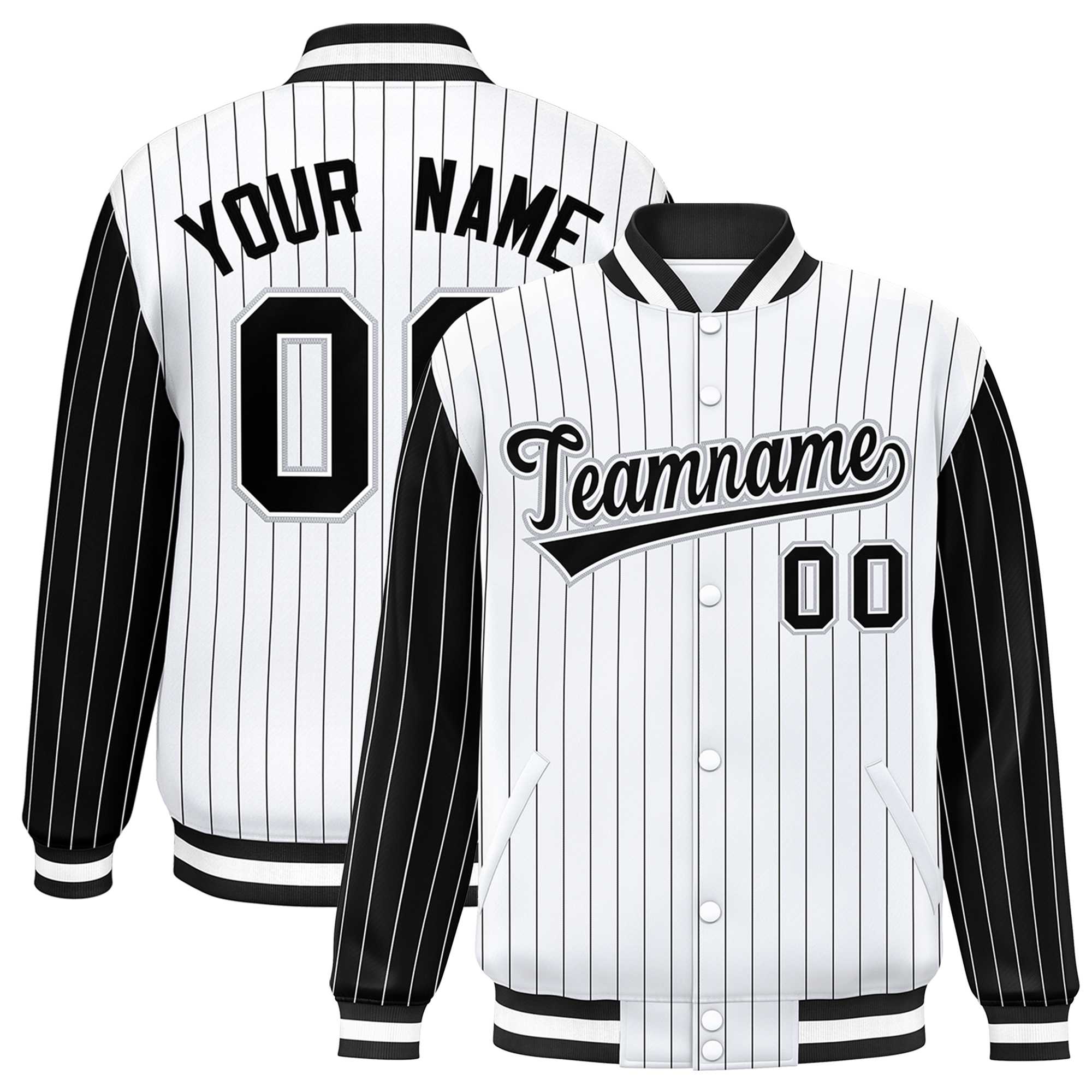 Custom White Black Raglan Sleeves Varsity Full-Snap Pinstripe Letterman Baseball Jacket