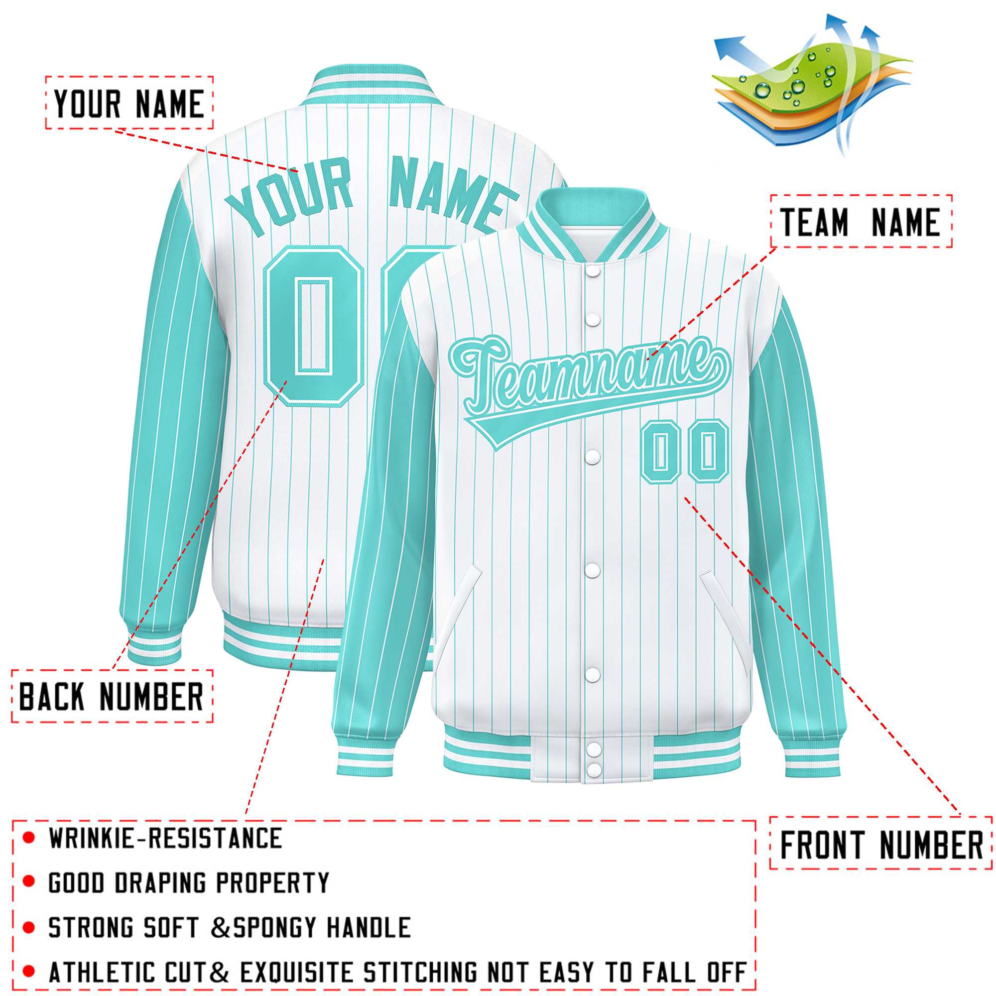 Custom White Bright Green Raglan Sleeves Varsity Full-Snap Pinstripe Letterman Baseball Jacket