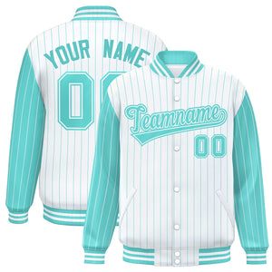 Custom White Bright Green Raglan Sleeves Varsity Full-Snap Pinstripe Letterman Baseball Jacket