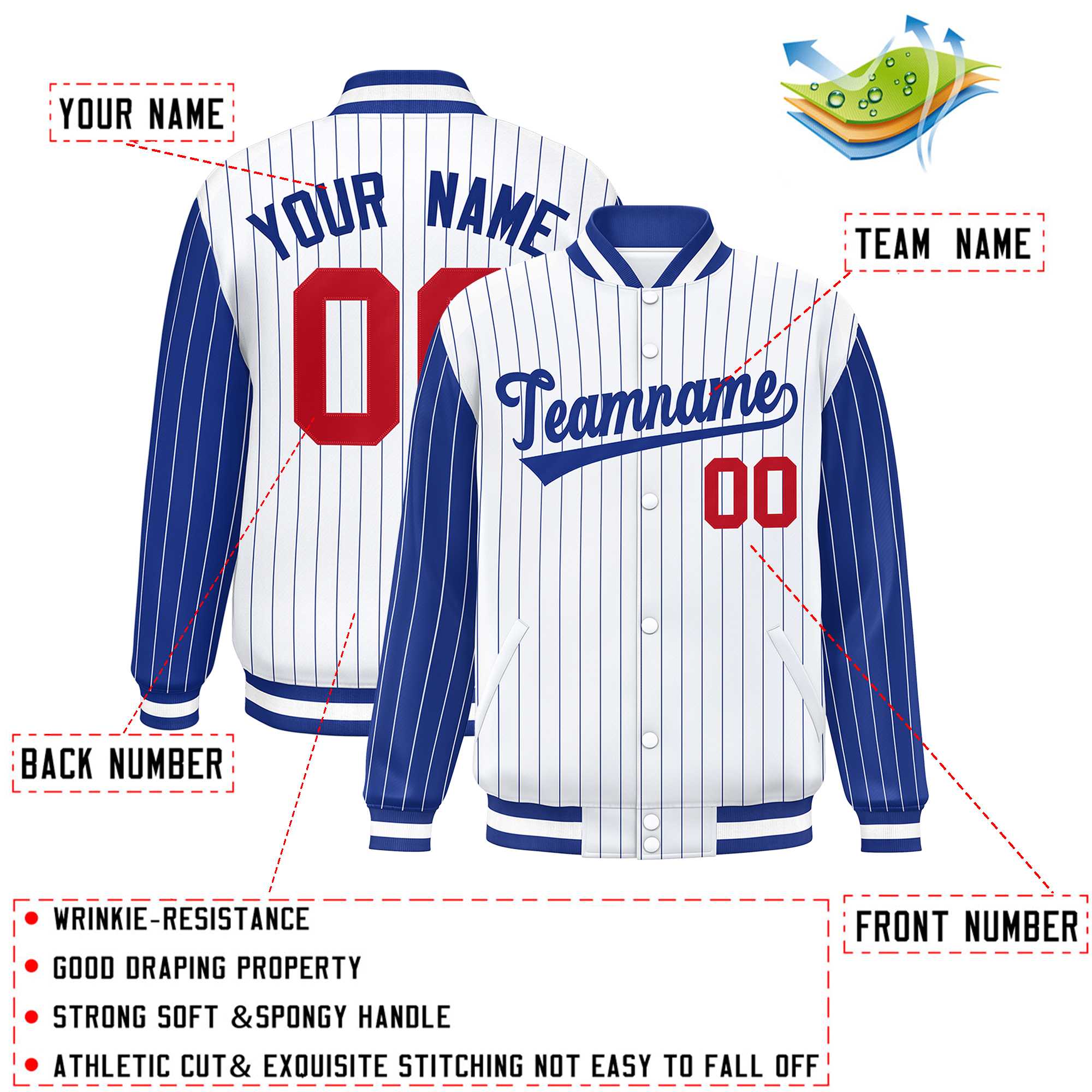 Custom White Royal Raglan Sleeves Varsity Full-Snap Pinstripe Letterman Baseball Jacket