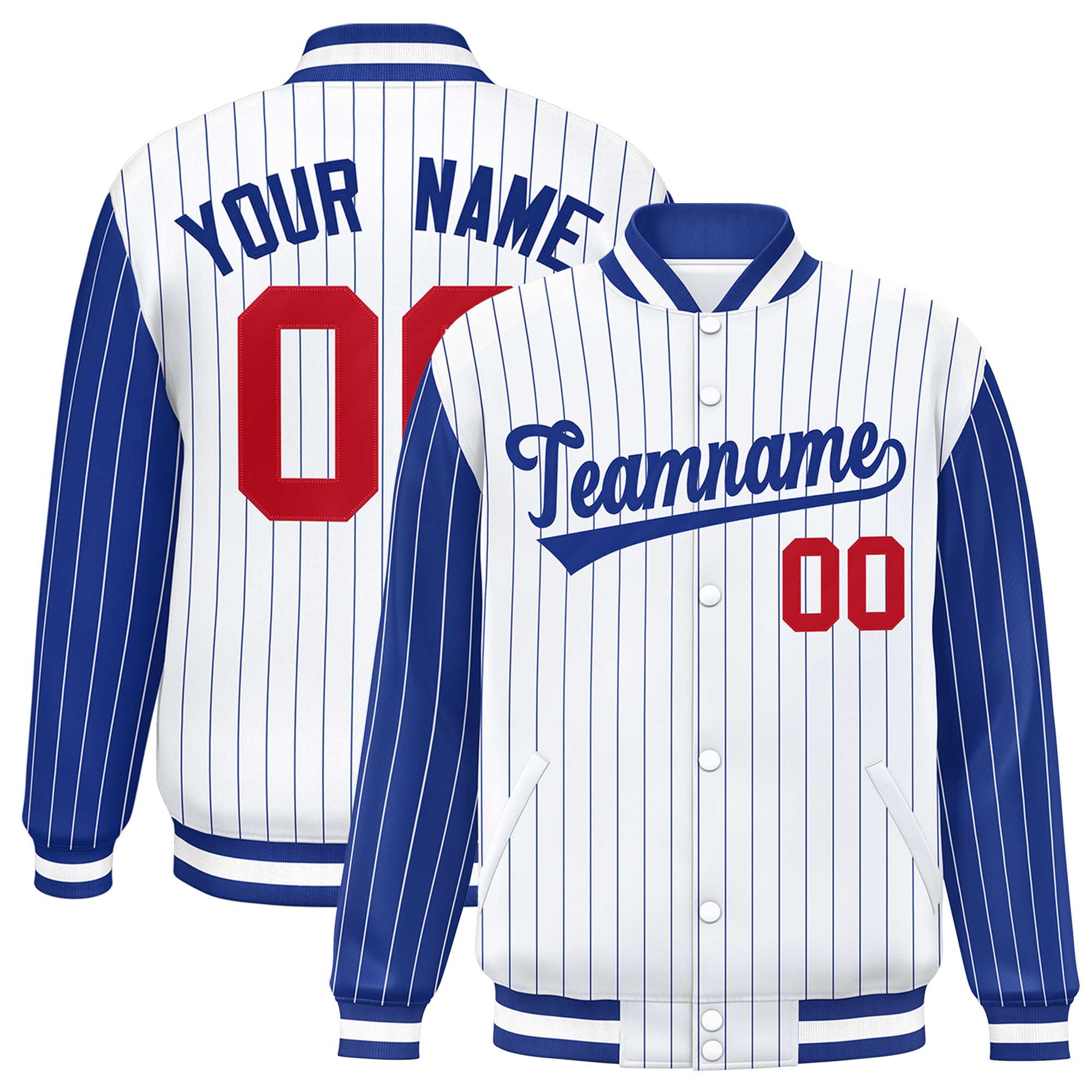 Custom White Royal Raglan Sleeves Varsity Full-Snap Pinstripe Letterman Baseball Jacket