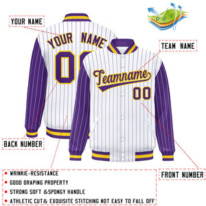 Custom White Purple Raglan Sleeves Varsity Full-Snap Pinstripe Letterman Baseball Jacket