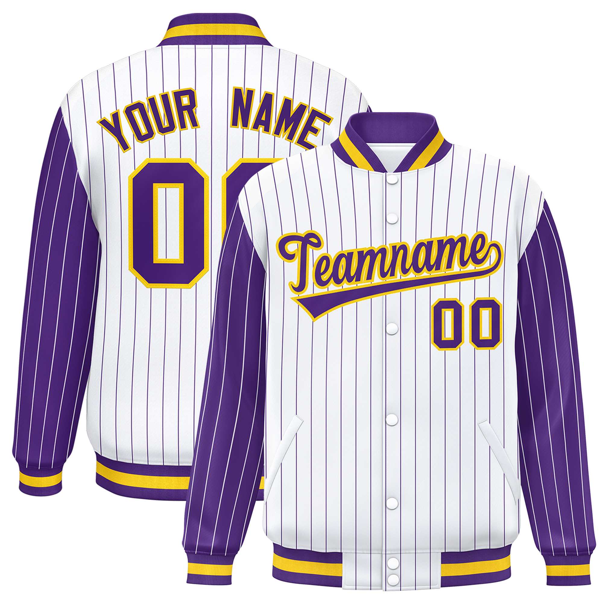 Custom White Purple Raglan Sleeves Varsity Full-Snap Pinstripe Letterman Baseball Jacket