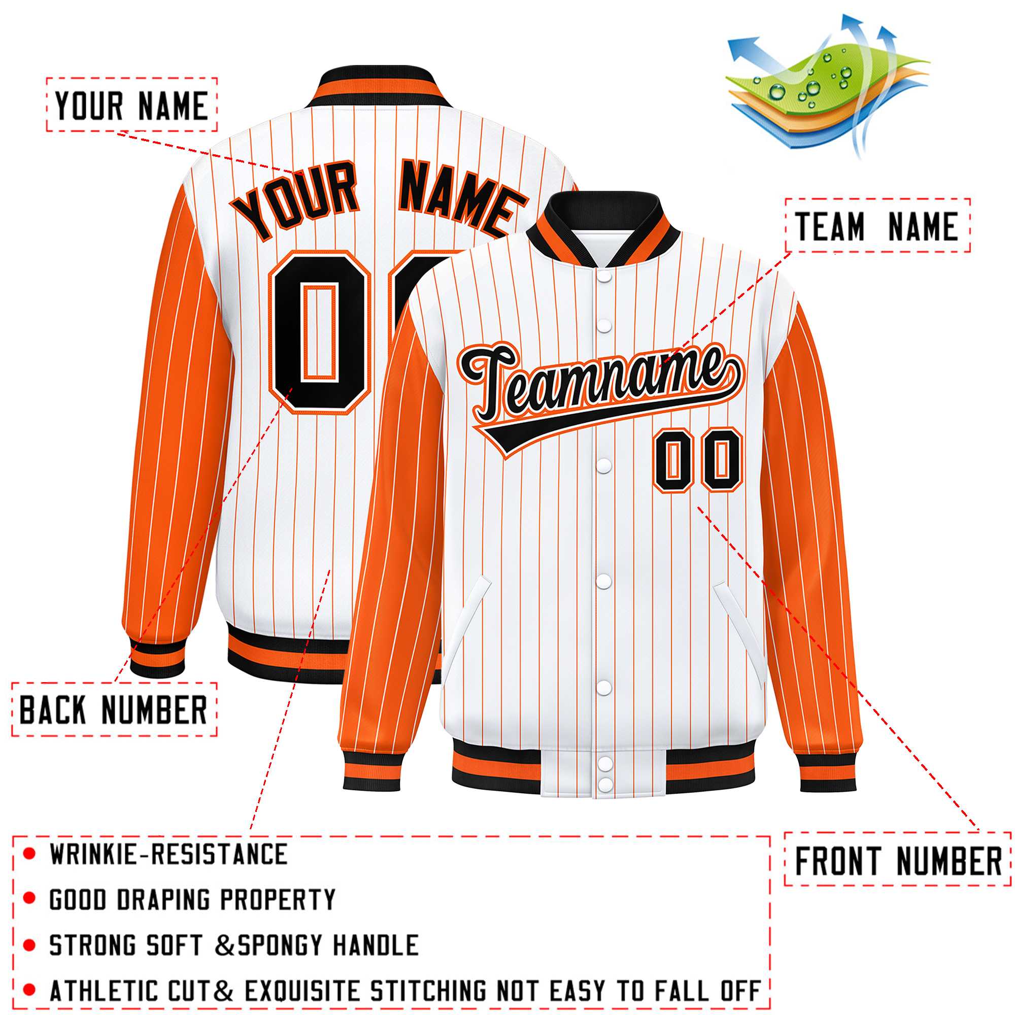 Custom White Orange Raglan Sleeves Varsity Full-Snap Pinstripe Letterman Baseball Jacket