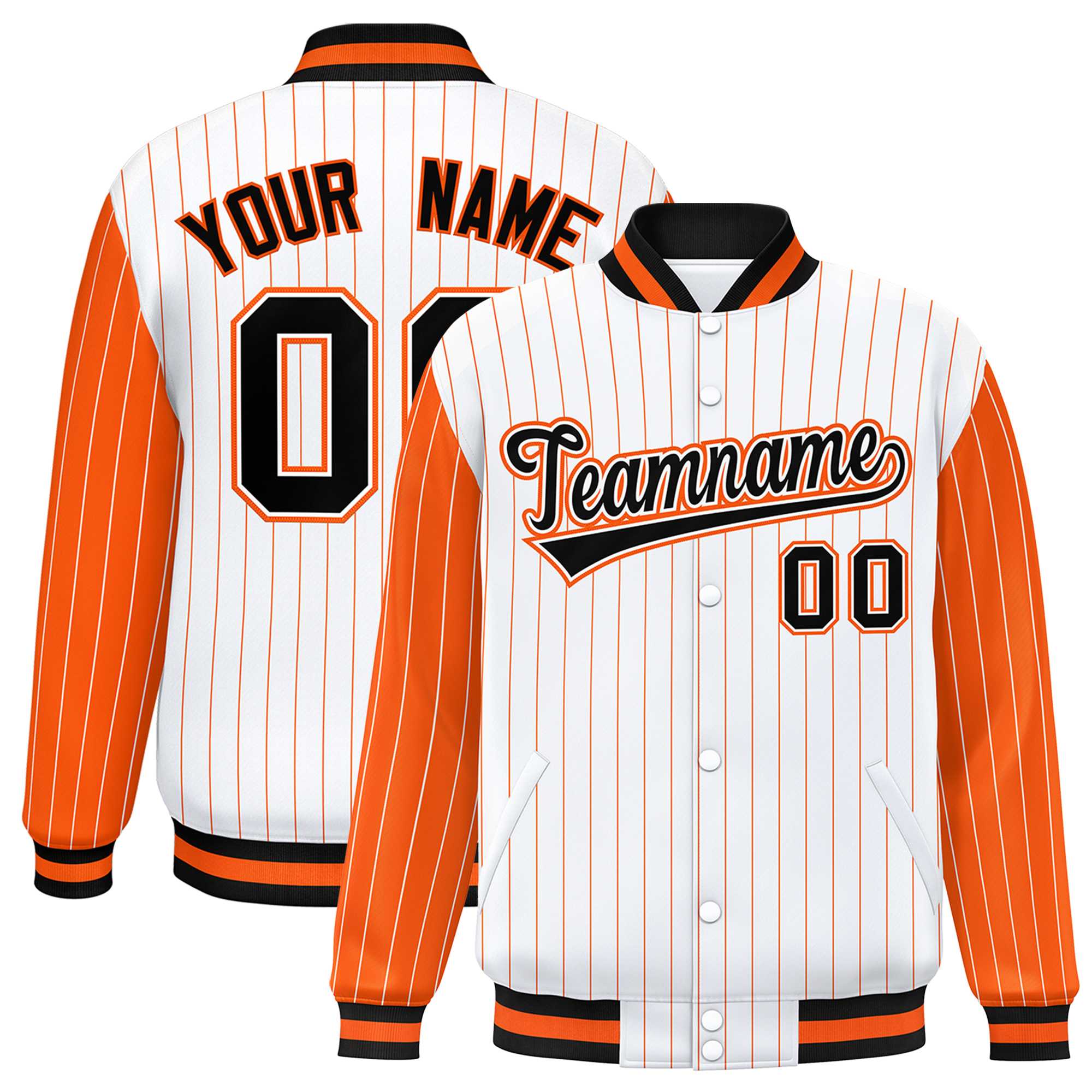 Custom White Orange Raglan Sleeves Varsity Full-Snap Pinstripe Letterman Baseball Jacket