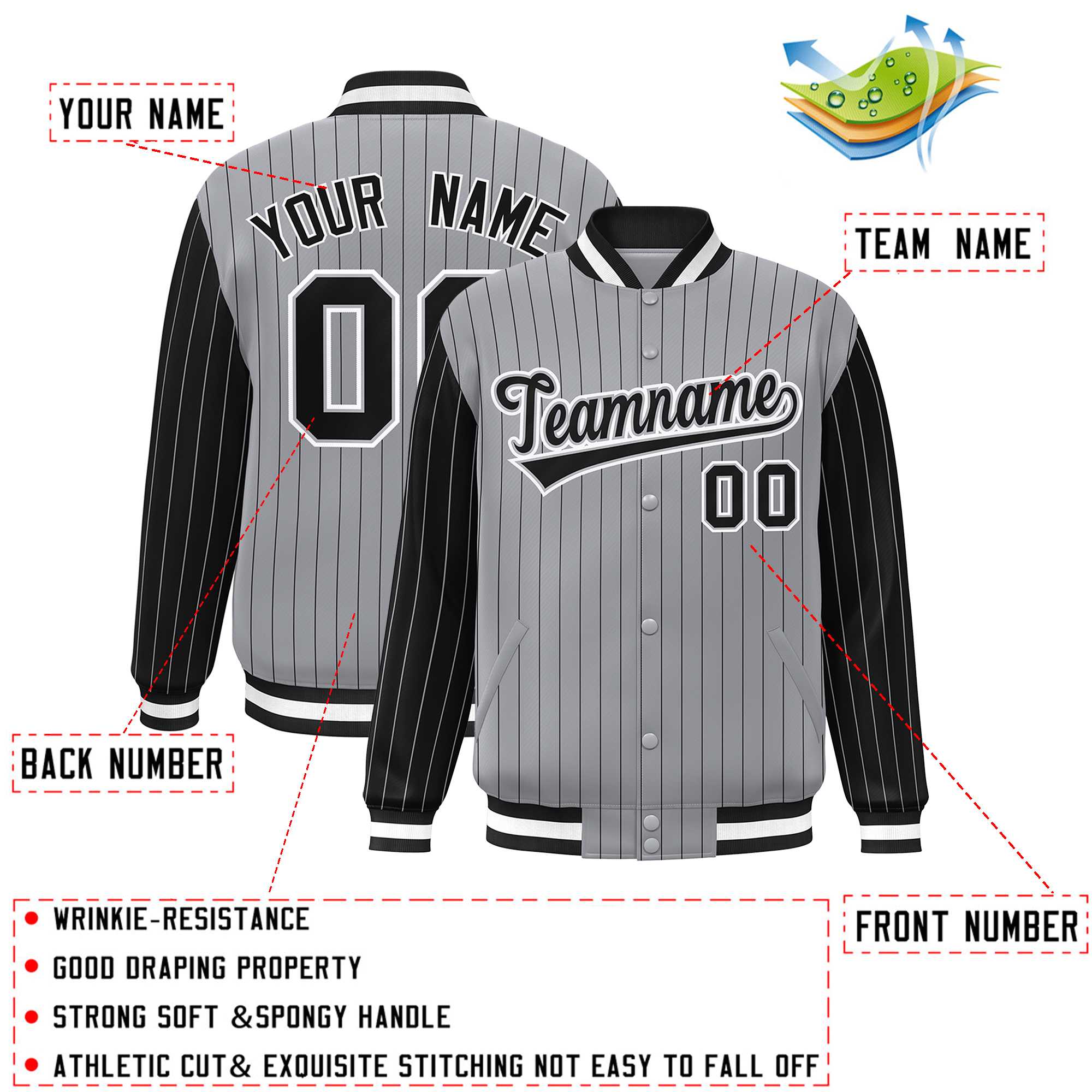 Custom Gray Black Raglan Sleeves Varsity Full-Snap Pinstripe Letterman Baseball Jacket