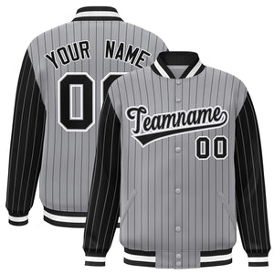 Custom Gray Black Raglan Sleeves Varsity Full-Snap Pinstripe Letterman Baseball Jacket