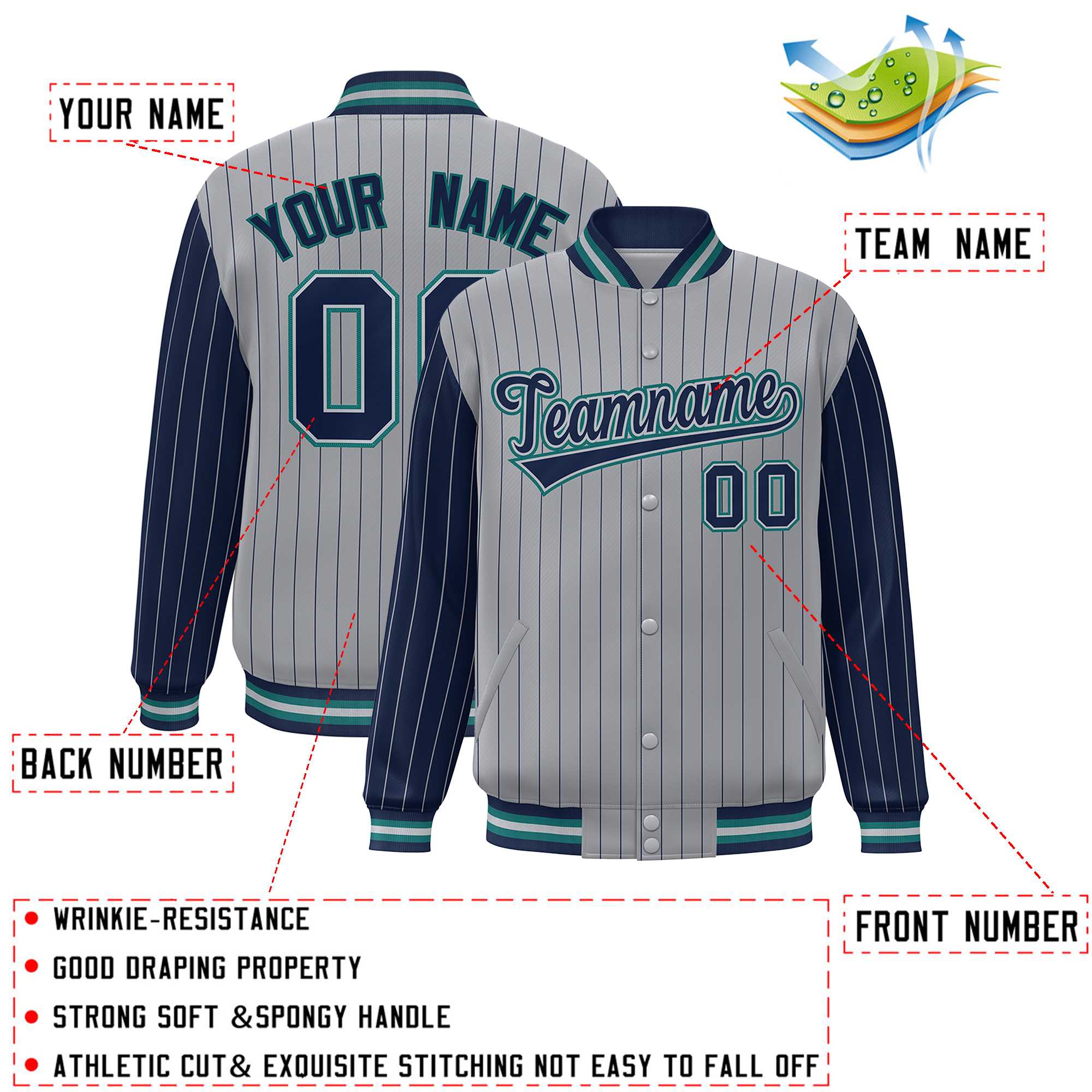 Custom Gray Navy Raglan Sleeves Varsity Full-Snap Pinstripe Letterman Baseball Jacket