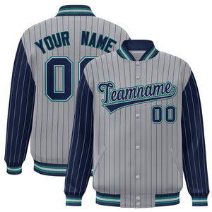 Custom Gray Navy Raglan Sleeves Varsity Full-Snap Pinstripe Letterman Baseball Jacket