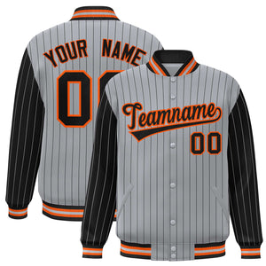 Custom Gray Black Raglan Sleeves Varsity Full-Snap Pinstripe Letterman Baseball Jacket