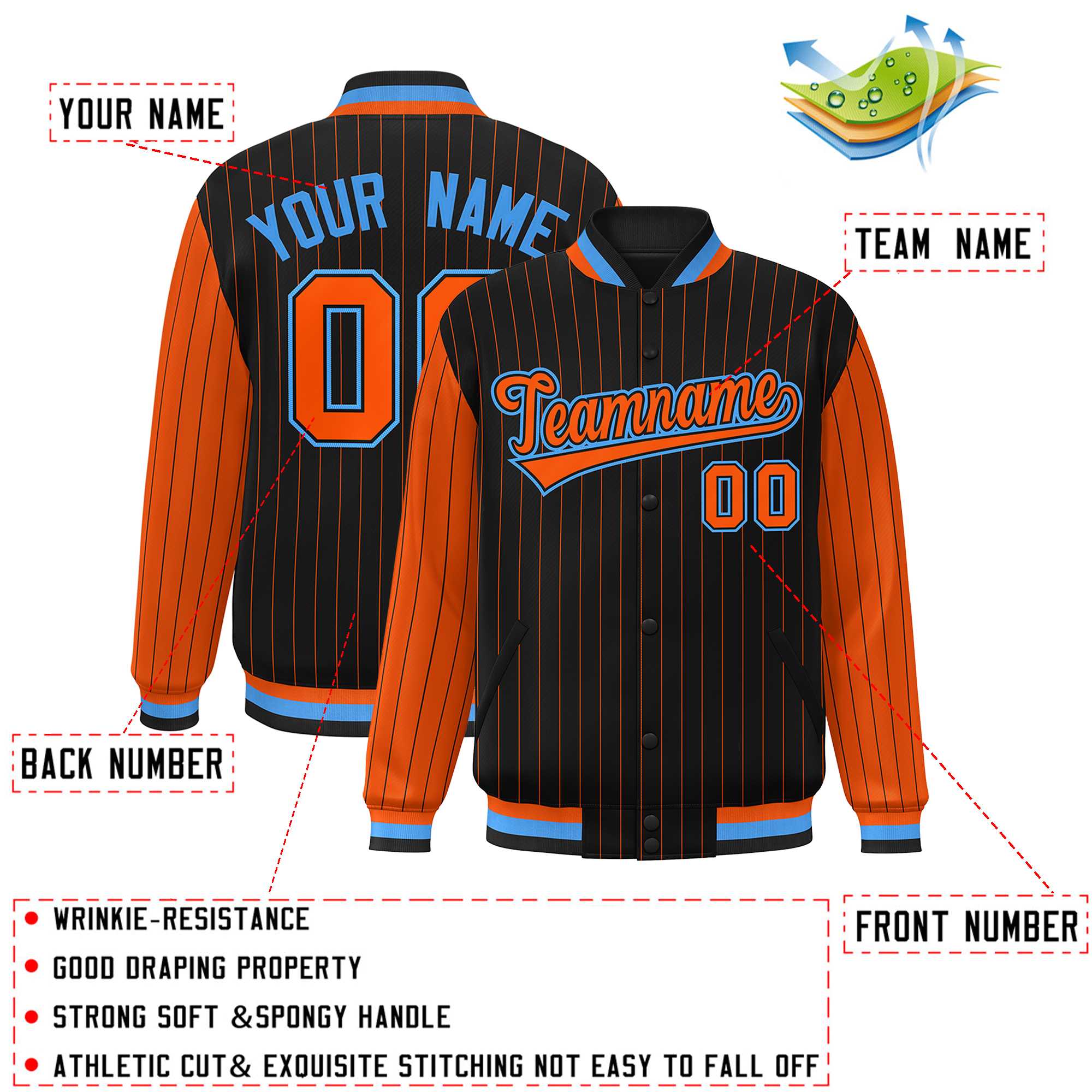 Custom Black Orange Raglan Sleeves Varsity Full-Snap Pinstripe Letterman Baseball Jacket