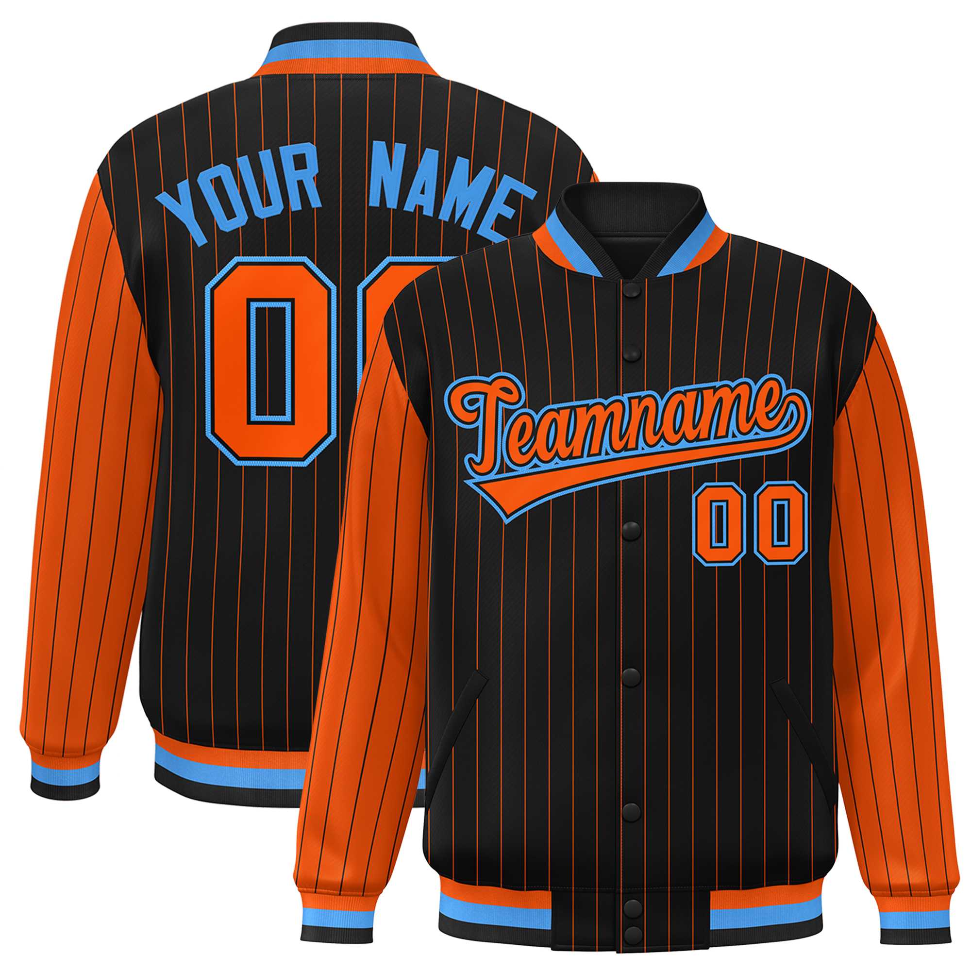 Custom Black Orange Raglan Sleeves Varsity Full-Snap Pinstripe Letterman Baseball Jacket