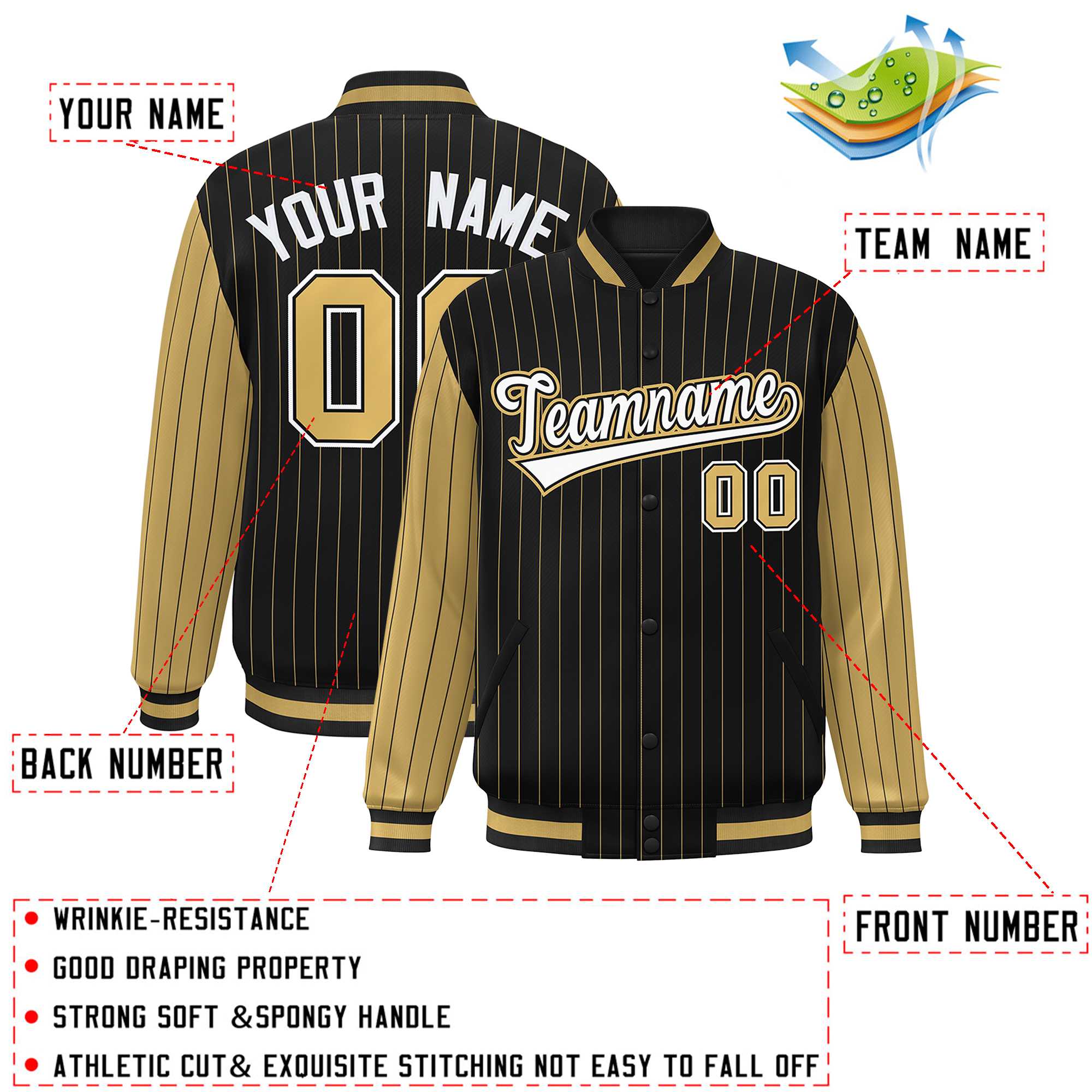 Custom Black Old Gold Raglan Sleeves Varsity Full-Snap Pinstripe Letterman Baseball Jacket