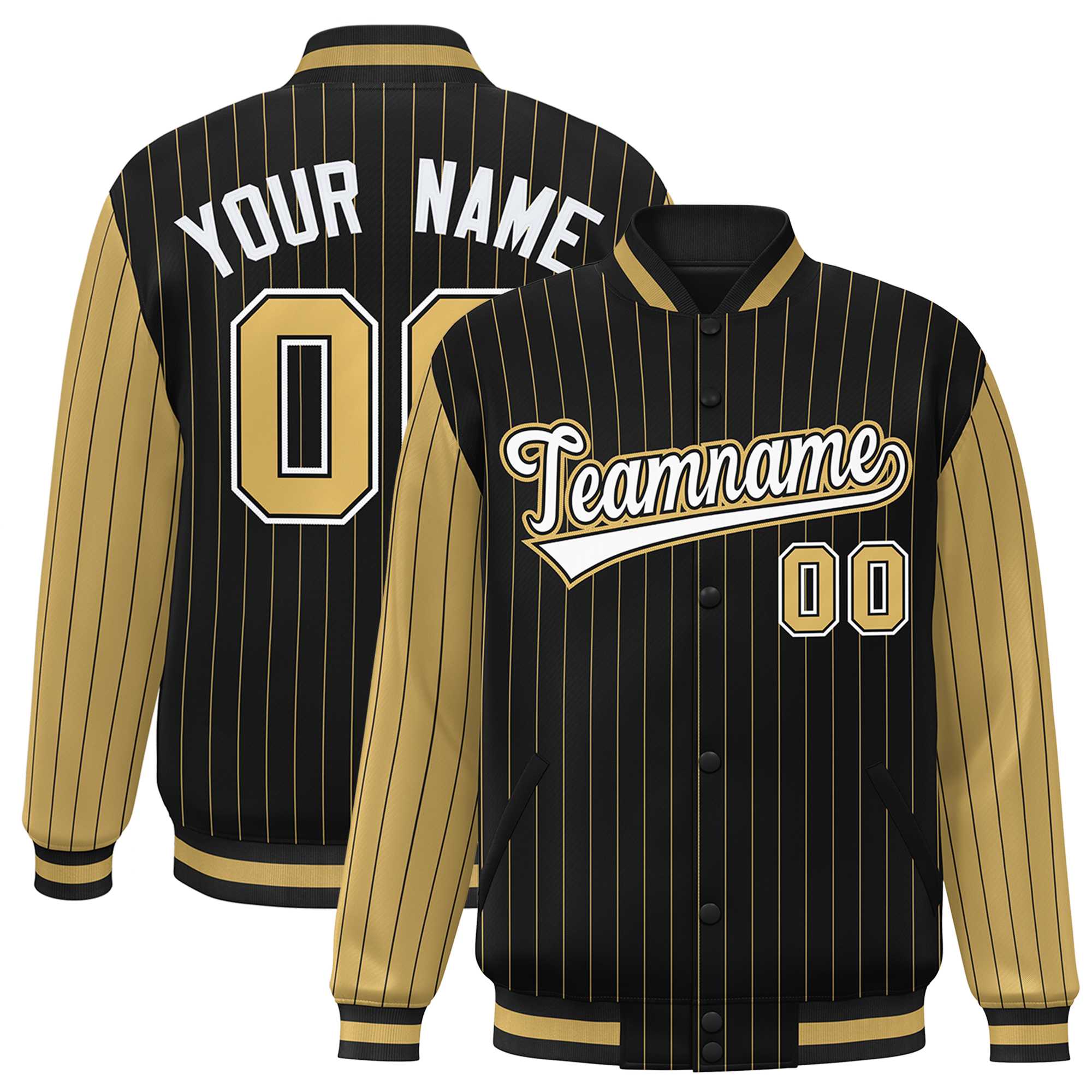 Custom Black Old Gold Raglan Sleeves Varsity Full-Snap Pinstripe Letterman Baseball Jacket