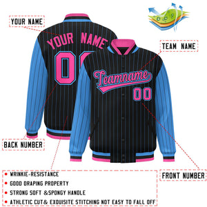 Custom Black Powder Blue Raglan Sleeves Varsity Full-Snap Pinstripe Letterman Baseball Jacket