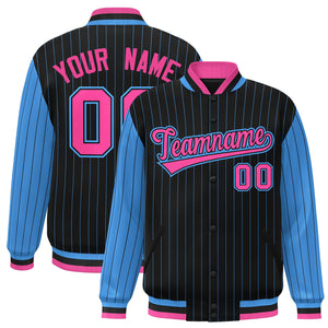 Custom Black Powder Blue Raglan Sleeves Varsity Full-Snap Pinstripe Letterman Baseball Jacket