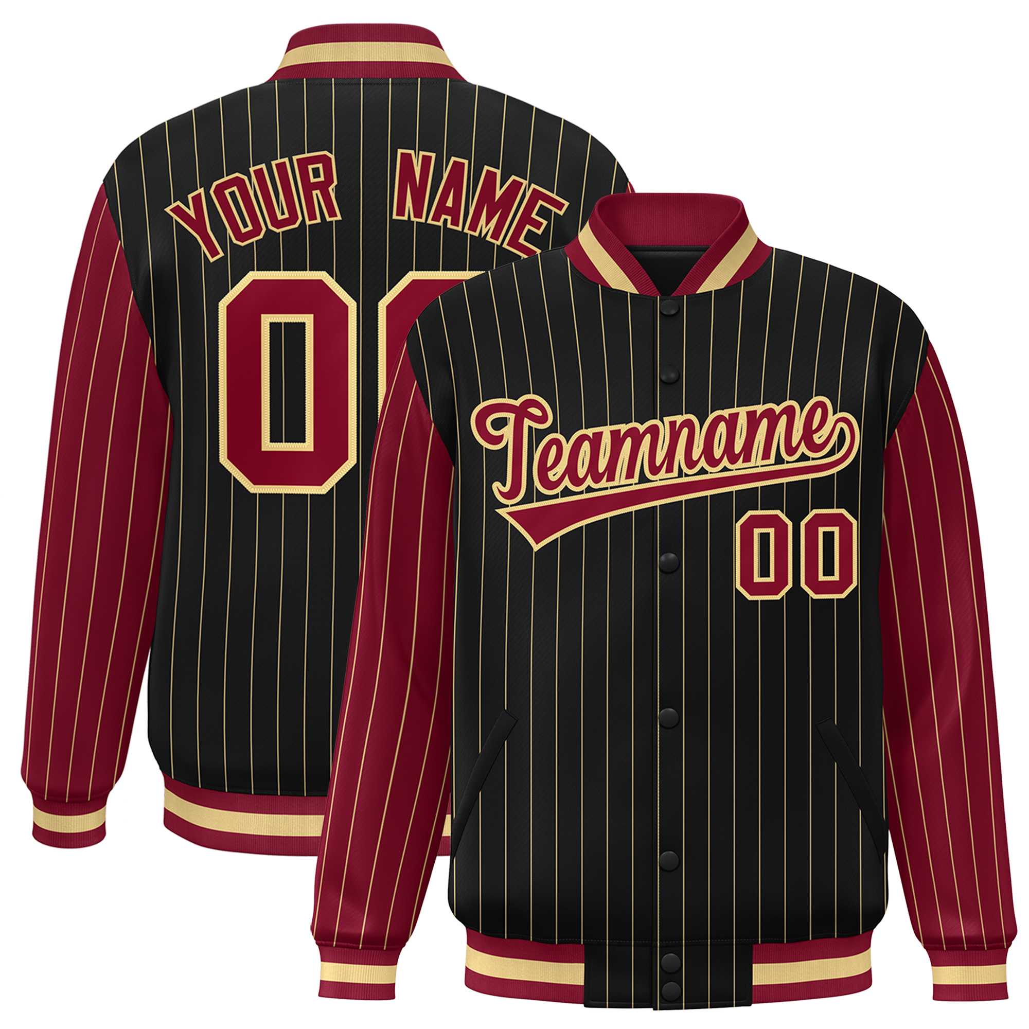 Custom Black Crimson Raglan Sleeves Varsity Full-Snap Pinstripe Letterman Baseball Jacket