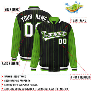 Custom Black Green Raglan Sleeves Varsity Full-Snap Pinstripe Letterman Baseball Jacket