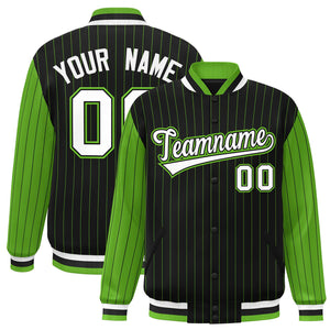 Custom Black Green Raglan Sleeves Varsity Full-Snap Pinstripe Letterman Baseball Jacket