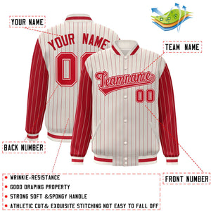 Custom Cream Red Raglan Sleeves Varsity Full-Snap Pinstripe Letterman Baseball Jacket