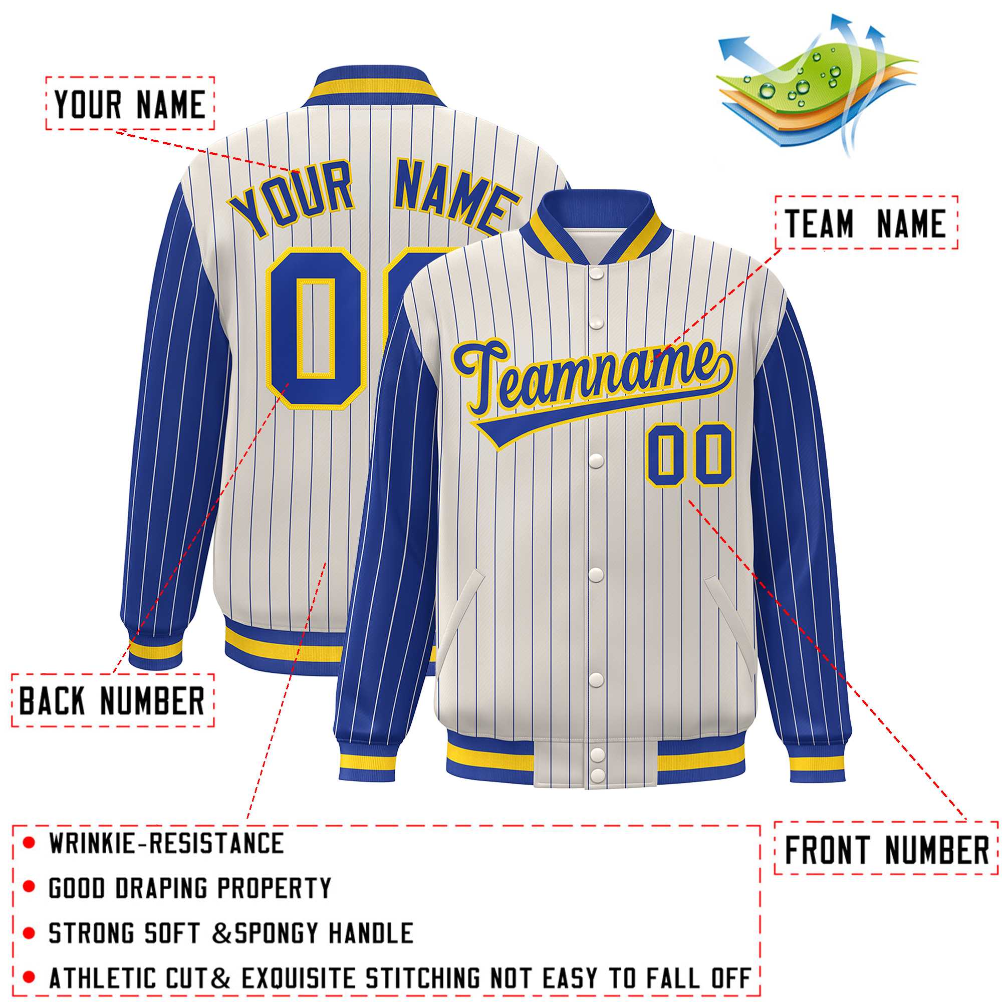 Custom Cream Royal Raglan Sleeves Varsity Full-Snap Pinstripe Letterman Baseball Jacket