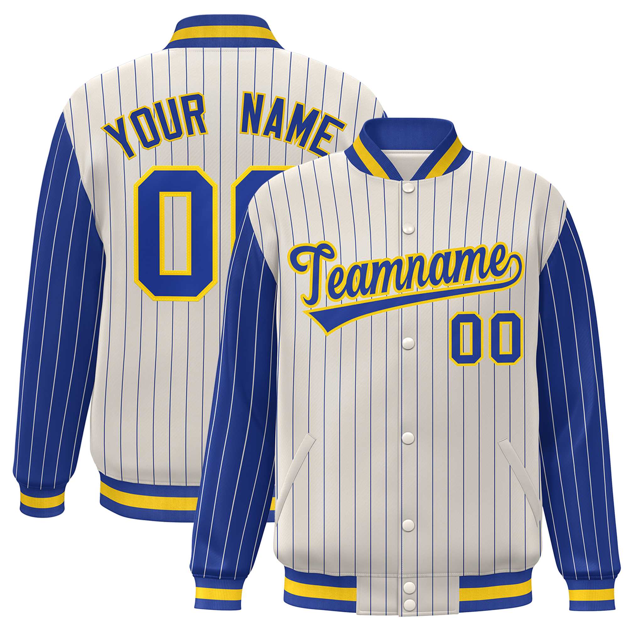 Custom Cream Royal Raglan Sleeves Varsity Full-Snap Pinstripe Letterman Baseball Jacket