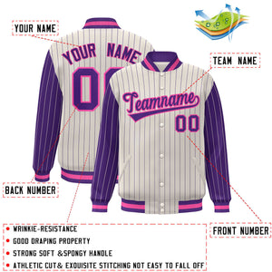 Custom Cream Purple Raglan Sleeves Varsity Full-Snap Pinstripe Letterman Baseball Jacket