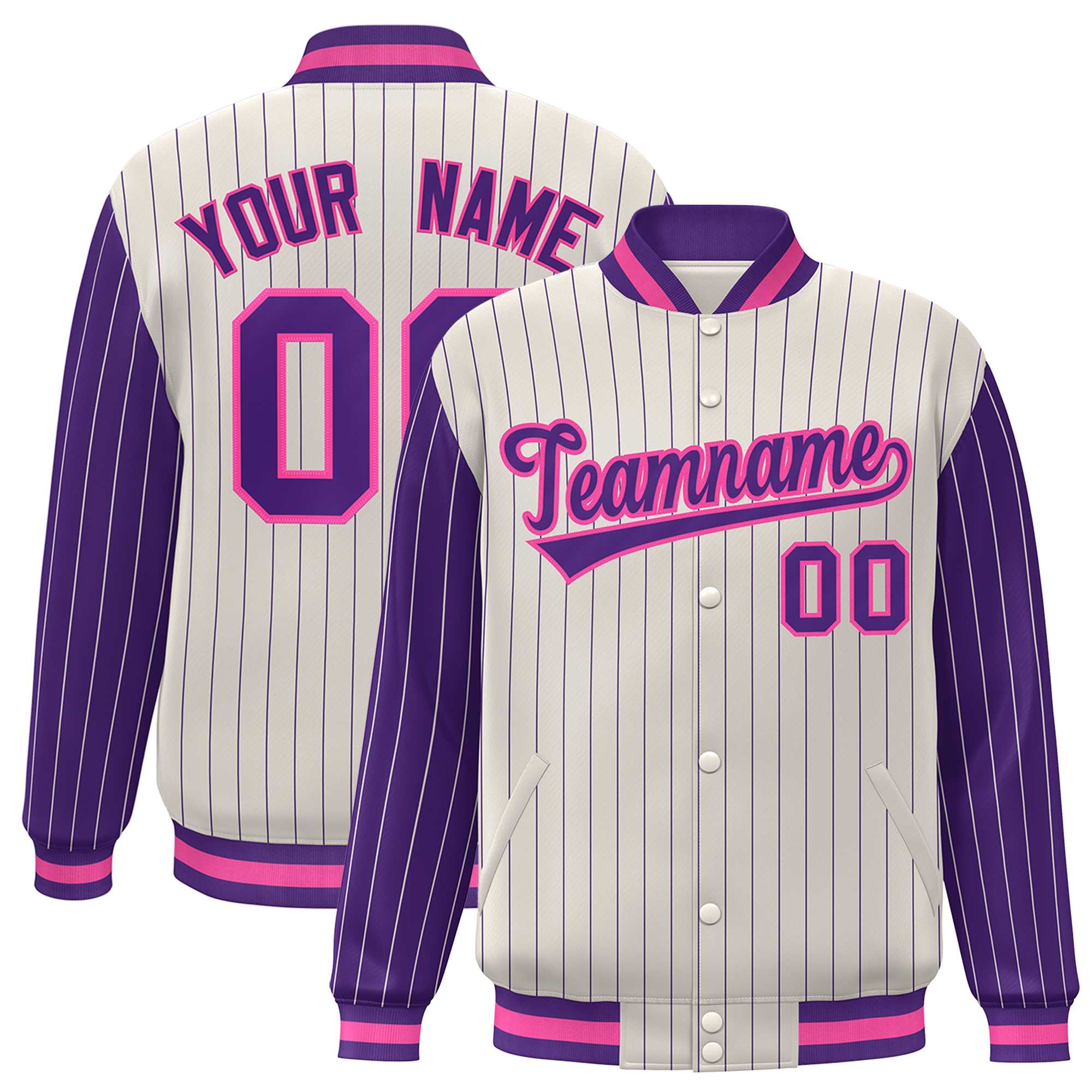 Custom Cream Purple Raglan Sleeves Varsity Full-Snap Pinstripe Letterman Baseball Jacket